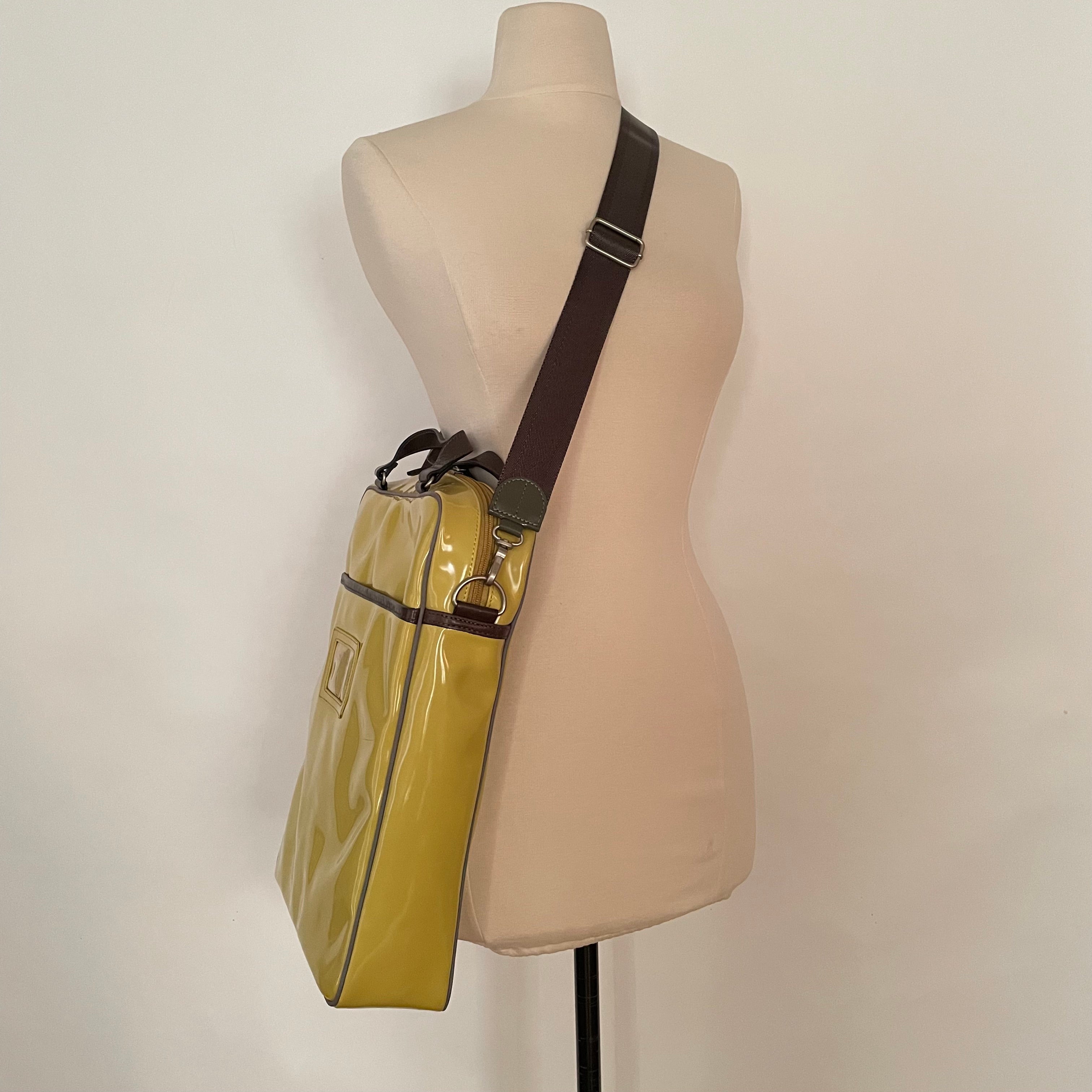 Premium Collection | Tall Vegan Enamel Leather Shoulder Bag with Detachable Shoulder Straps & Genuine Leather Handles & Juggling Robot Print | Yellow